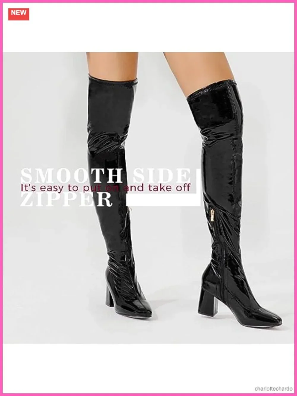 Patent Leather PU Chunky Heel Over the Knee Boots Square Toe Side Zipper Gogo